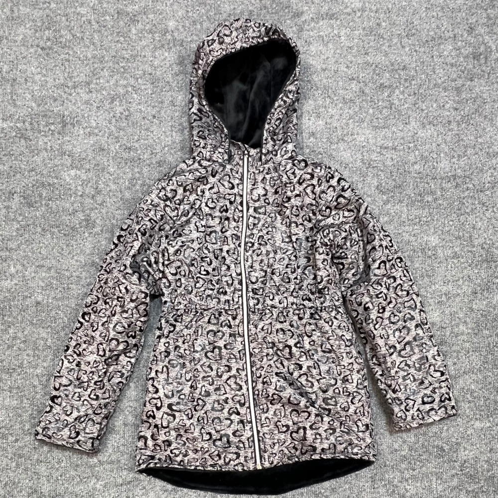 Penelope Mack Heart Print Jacket Kids Size 10 Grey Faux Fur Lined Hood